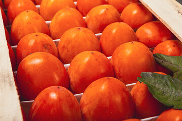 Persimmon box close up. Ripe persimmons lie in even rows in a box for sale. Fruit delivery.