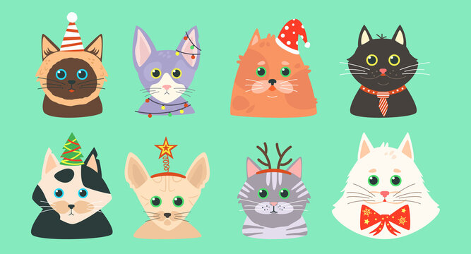 Set of cats with christmas accessories. Cute cartoon cats in hats. Vector pet's avatars.