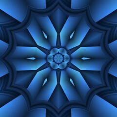 patterns and 3D hexagonal floral fantasy designs in shades of turquoise blue on a royal blue background