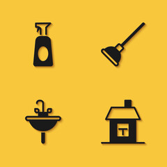 Obraz premium Set Cleaning spray with detergent, House, Washbasin and Rubber plunger icon with long shadow. Vector