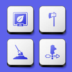 Set Seeds of specific plant, Wooden axe, Shovel in the ground and Rooster weather vane icon. White square button. Vector