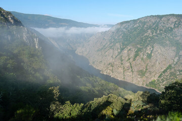 Top view of the Sil Canyon in Ribeira Sacra with fog
