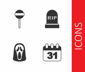 Set Halloween date 31 october, Lollipop, Funny and scary ghost mask and Tombstone with RIP written icon. Vector