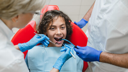 White perfect ideal smile. Children stomatology concept. Caucasian preteen boy visiting dental...