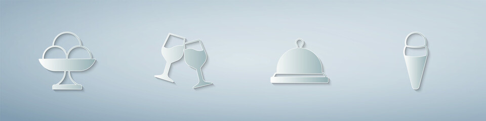 Set Ice cream in the bowl, Wine glass, Covered with tray of food and waffle. Paper art style. Vector