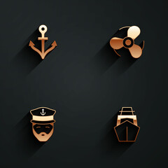 Set Anchor, Boat propeller, Captain of ship and Yacht sailboat icon with long shadow. Vector