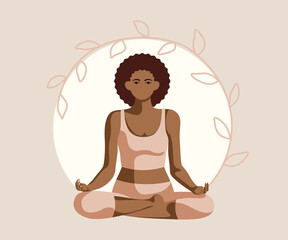 Fototapeta na wymiar Afroamerican woman meditating. Concept illustration for yoga, meditation, relax, recreation, healthy lifestyle.