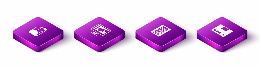 Set Isometric Printer ink bottle, Computer monitor screen, News and Carton cardboard box icon. Vector