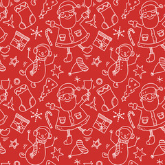 Christmas pattern on a red background. Santa Claus, snowman, gifts in doodle style. Vector illustration. Perfect for covering, package, textile, background
