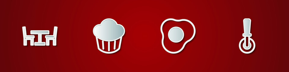 Set Wooden table with chair, Cupcake, Scrambled eggs and Pizza knife icon. Vector