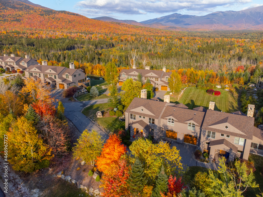 Poster aerial view of residential building in autumn woods