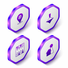 Set Isometric Game dice, Whirligig toy, Backgammon board and Chip for game icon. Purple hexagon button. Vector