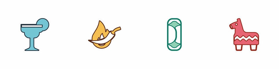 Set Margarita cocktail, Hot chili pepper pod, Burrito and Pinata icon. Vector