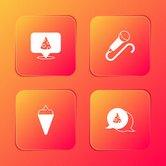 Set Slice of pizza, Microphone, Ice cream in waffle cone and icon. Vector