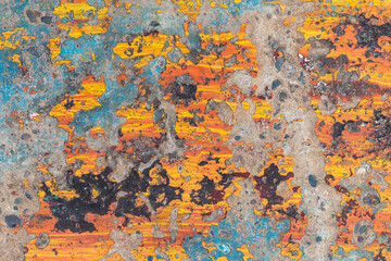 Colored concrete wall for backdrop. Remains of paint in orange, yellow, black, blue. Peeling.