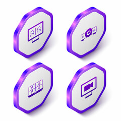 Set Isometric Video chat conference, Movie, film, media projector, and icon. Purple hexagon button. Vector