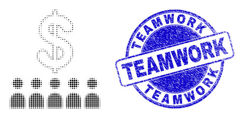 Obraz premium Bank clients halftone dotted icon with Teamwork seal stamp. Blue vector round scratched stamp with Teamwork caption inside circle shape. Halftone bank clients icon pattern contains round points.