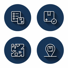 Set line Verification of delivery list, Carton cardboard box, Broken and Location with with long shadow. Blue circle button. Vector