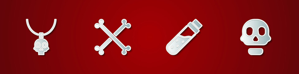 Set Necklace amulet, Crossed human bones, Bottle with potion and Skull icon. Vector