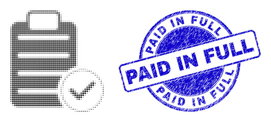 Accept pad text halftone dotted icon with Paid in Full seal stamp. Blue vector round textured seal stamp with Paid in Full phrase inside circle shape.