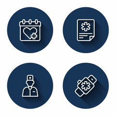 Set line Doctor appointment, Patient record, Male doctor and Smart watch with heart with long shadow. Blue circle button. Vector