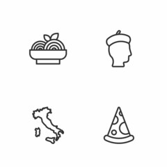 Set line Slice of pizza, Map Italy, Pasta spaghetti and French man icon. Vector