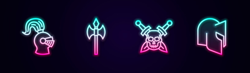 Set line Medieval helmet, axe, Skull with sword and . Glowing neon icon. Vector