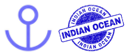 Anchor halftone dotted icon with Indian Ocean seal stamp. Blue vector round distress stamp with Indian Ocean text inside round form. Halftone anchor icon array contains circle dots.