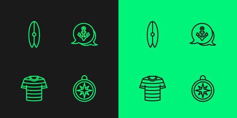 Set line Compass, Striped sailor t-shirt, Surfboard and Anchor icon. Vector