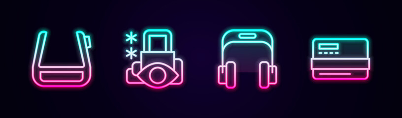 Set line Smart glasses on spectacles, Cyber security, Headphones and Credit card. Glowing neon icon. Vector
