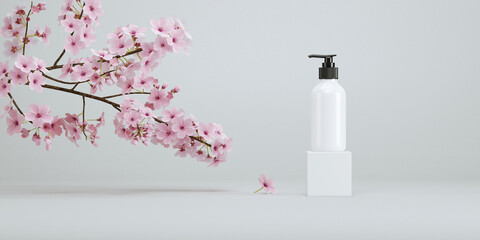 Cosmetic background. mockup podium and cherry blossom white background for product presentation. 3d rendering illustration.