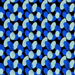Abstract geometric seamless hand-drawn pattern. An ornament of blue and white ovals, circles on a dark background. Strong fashion design of background, template, wrapping paper, wallpaper, fabric.