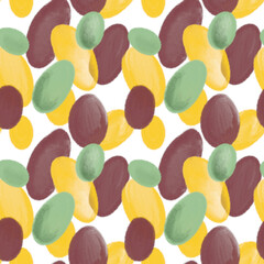 Abstract geometric seamless hand-drawn pattern. An ornament of yellow, brown and green ovals, circles on a white background. Fashion design of background, template, wrapping paper, wallpaper, fabric