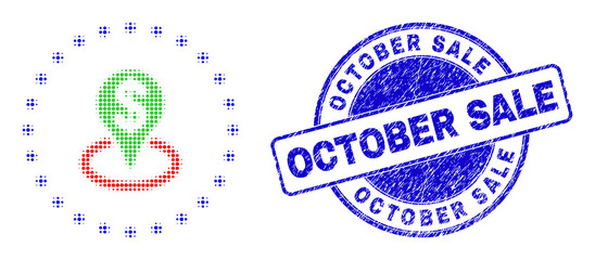 Bank placement halftone dotted icon with October Sale seal stamp. Blue vector rounded distress seal stamp with October Sale phrase inside circle form.