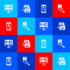 Set Algorithm, Chat bot, Mobile phone and Photo retouching icon. Vector
