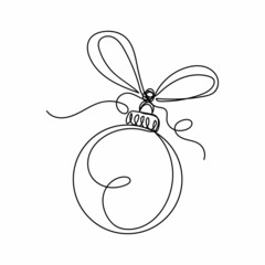 Vector continuous one single line drawing icon of christmas decoration ball bauble with ribbon in silhouette sketch on a white background. Linear stylized.