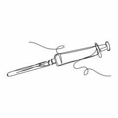 Vector continuous one single line drawing icon of disposable syringe with needle in silhouette sketch on a white background. Linear stylized.