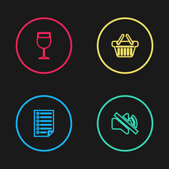 Set line Document, Speaker mute, Shopping basket and Wine glass icon. Vector