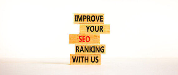 Improve your SEO ranking with us symbol. Wooden blocks with words Improve your SEO ranking with us. Beautiful white background, copy space. Business, improve SEO ranking concept.