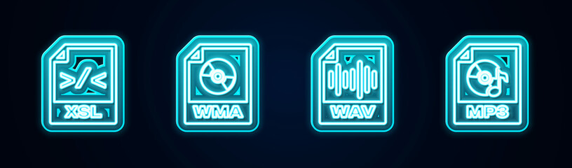 Set line XSL file document, WMA, WAV and MP3. Glowing neon icon. Vector