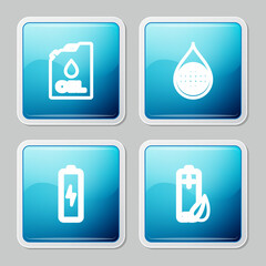 Set line Canister machine oil, Earth planet water drop, Battery and Eco nature leaf and battery icon. Vector