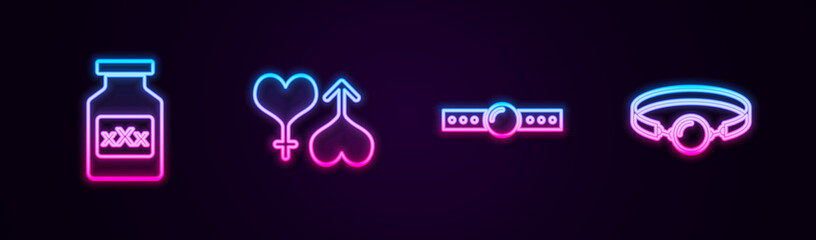 Set line Bottle with pills for potency, Male and female heart, Silicone ball gag and . Glowing neon icon. Vector