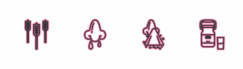 Set line Wheat, Runny nose, and Can container for milk icon. Vector