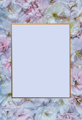 Beautiful, Romantic Photo frame background with white and pink flowers.Beautiful floral wallpaper. Valentines day, mothers day, womens day, spring concept. Flat lay, top view, copy space.