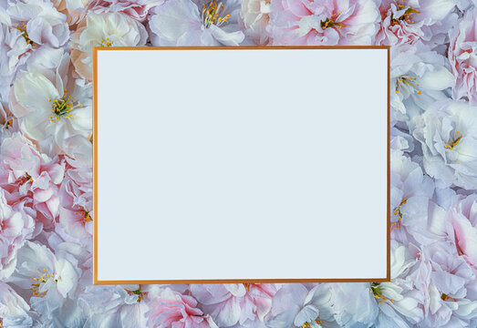 Beautiful, Romantic Photo frame background with white and pink flowers.Beautiful floral wallpaper. Valentines day, mothers day, womens day, spring concept. Flat lay, top view, copy space.
