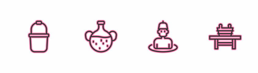 Set line Sauna bucket, Man in the sauna, Essential oil bottle and bench with icon. Vector