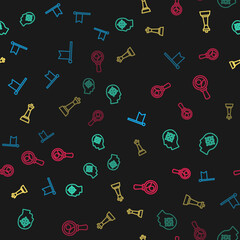 Set line Flag, Head hunting, Chess and Magnifying glass for search on seamless pattern. Vector