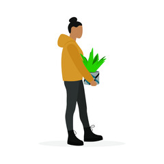 Female character carries a pot of green plant on a white background