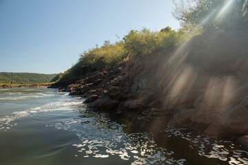 The river flowing across the jungle at sunset. The rocky shore and lens flare created by a sun ray. 