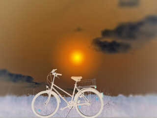 Naklejka na ściany i meble Fantasy landscape portrait of albino bike at sunset 